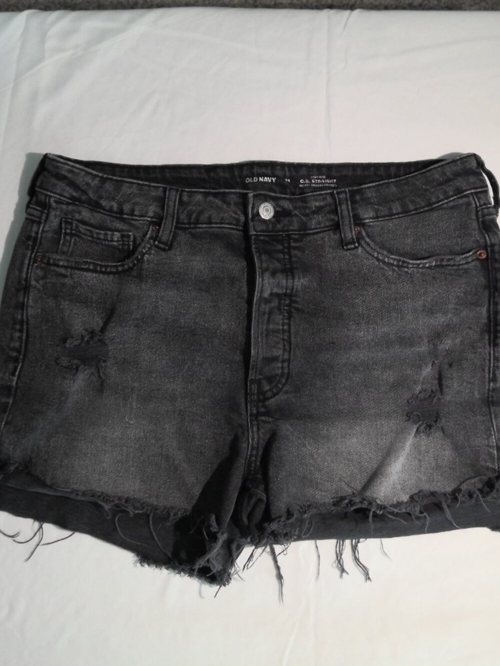 High-Rise Distressed Black Stone Wash Cut-off Jean Shorts